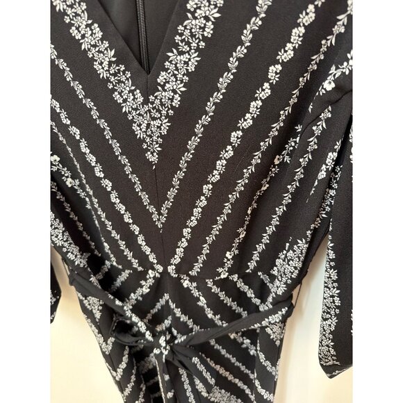 CeCe Black & White Floral Stripe V-Neck Long Sleeve Belted Dress Size 10 Polyest - Picture 3 of 6